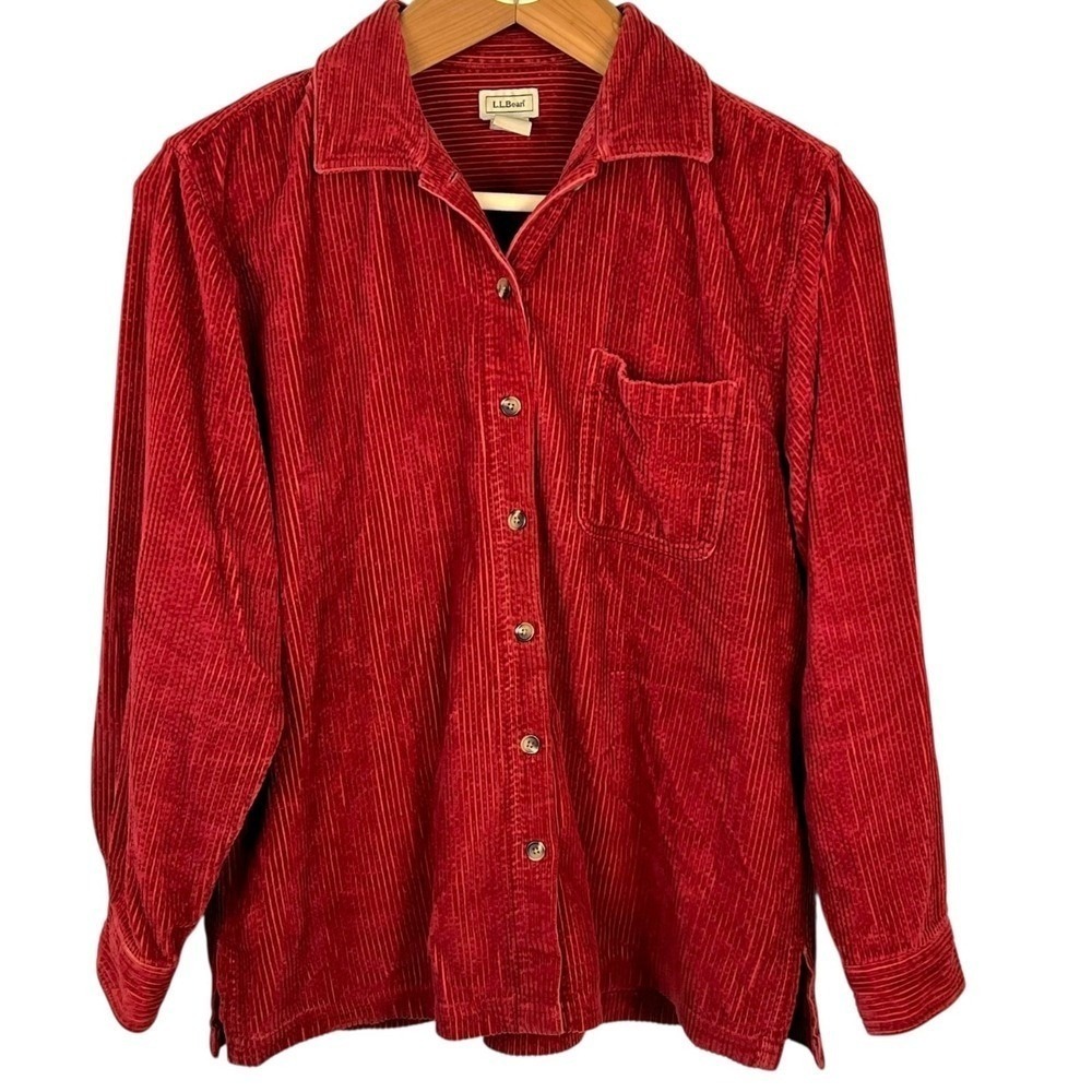 LL Bean Vintage Wide Wale Corduroy Shirt Womens Large Red Cotton Button Down